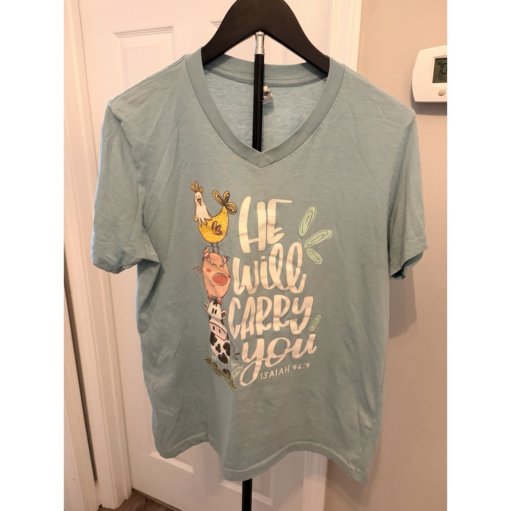 LIF Apparel Women's "He Will Carry You" Isaiah 46:4 Graphic V-Neck T-Shirt L EUC